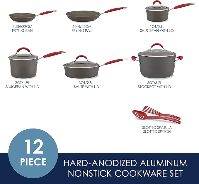 Rachael Ray - 87630 Rachael Ray Cucina Hard Anodized Nonstick Cookware Pots and Pans Set, 12 Piece, Gray with Red Handles - Image 2