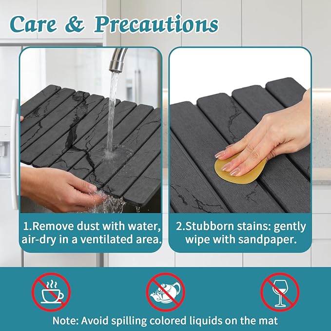 Stone Dish Drying Mat for Kitchen Counter, 24''×15'' Dishes Drying Matt Kitchen Counter, Absorbent Diatomaceous Earth Bath Quick Dry Mats for Tableware, Bottles and Cup(Dark Grey Marble) - Image 3