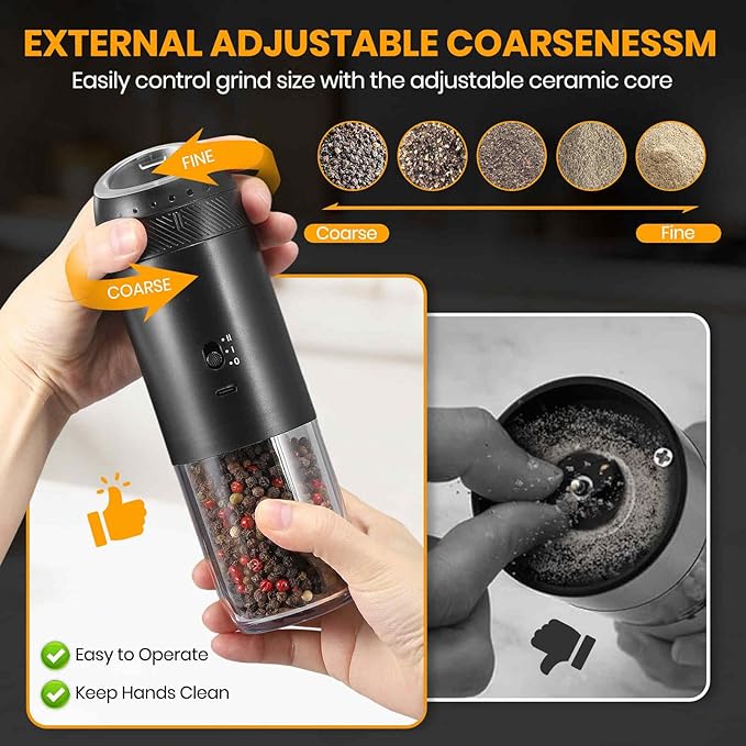 Gravity Electric Salt Grinder Set with Variable Grinding Speed, External Adjustable Coarseness, One Hand Operation, Upgraded Larger Capacity,White LED Light, Black 2 Pcs - Image 5