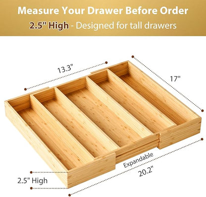 Umilife Expandable Kitchen Drawer Organizer, 2.5" High Bamboo Utensils Silverware Tray, Adjustable Large Deep Wood Organization Holder - Image 2