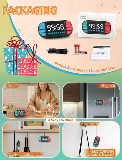 DOOMAY Digital Kitchen Visual Timer: 3.6'' Large LED Display, Magnetic, 3 Brightness, 4 Alarms and Volume, Memory Function, Countdown Count up for Cooking, Classroom, Home Gym, AAA Battery Included