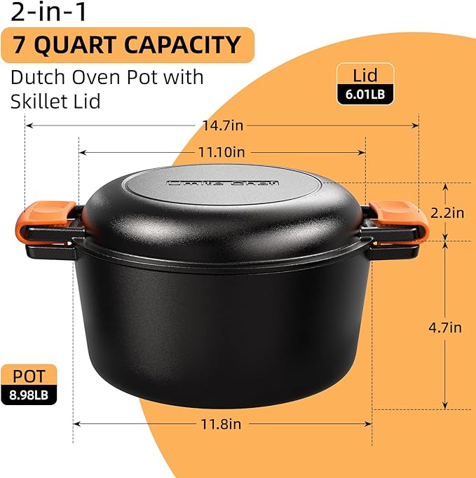 2-in-1 Pre-Seasoned Cast Iron Double Dutch Oven Pot with Skillet Lid & Silicone Sleeves – Raised Rib Skillet Lid– Umite Chef 7QT Cast Iron Skillet Cookware Pan Set wirh Dual Handles – Oven, Grill, Campfire & Stovetop Safe –PFAS-Free - Image 2