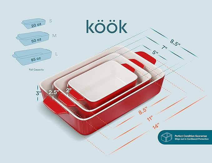 Kook Ceramic Bakeware Set, Rectangular Baking Dishes, For Casseroles, Lasagna, Cake, Small, Medium & Large Pans, Microwave & Dishwasher Safe, Set of 3, Cherry - Image 6