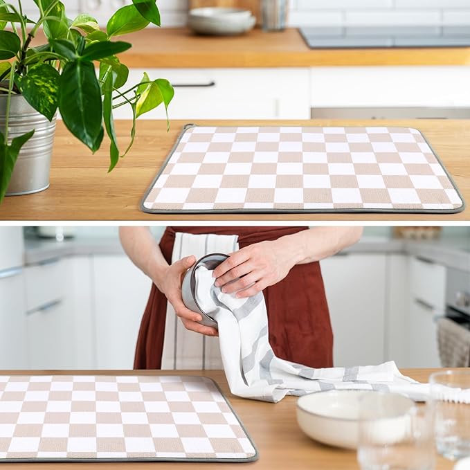 Zonon Dish Drying Mat for Kitchen Counter 16 x 24 Microfiber Absorbent Dish Drainer Rack Pads Fast Dry Mat Vintage Kitchen Decorations(Beige,16" X 24",Checkered) - Image 5