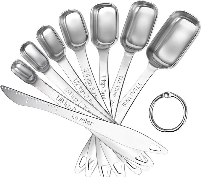 U-Taste Narrow Square Measuring Spoons: 18/8 Stainless Steel Kitchen Measure Teaspoon Tablespoon with Leveler, Polygon Rectangular Metal Jar Scoop for Baking Cooking, Coffee, Spice, Powder (Set of 8) by U-Taste