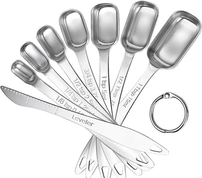 U-Taste Narrow Square Measuring Spoons: 18/8 Stainless Steel Kitchen Measure Teaspoon Tablespoon with Leveler, Polygon Rectangular Metal Jar Scoop for Baking Cooking, Coffee, Spice, Powder (Set of 8) by U-Taste