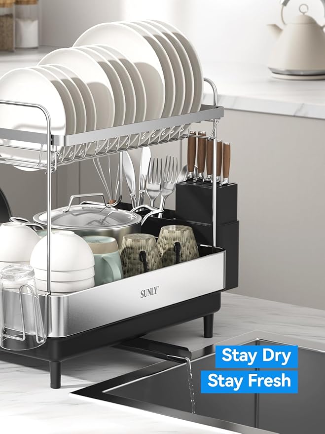 SUNLY 2 Tier Dish Drying Rack, Extra Large Dish Rack, Expandable Dish Racks for Kitchen Counter, Multifunctional Large Dish Drainers for Kitchen Counter, Black - Image 7