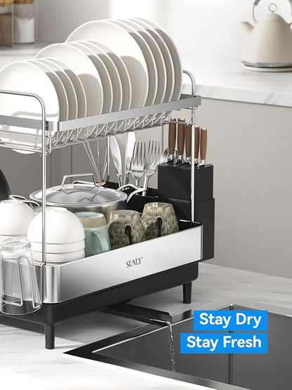 SUNLY 2 Tier Dish Drying Rack, Extra Large Dish Rack, Expandable Dish Racks for Kitchen Counter, Multifunctional Large Dish Drainers for Kitchen Counter, Black - Image 7