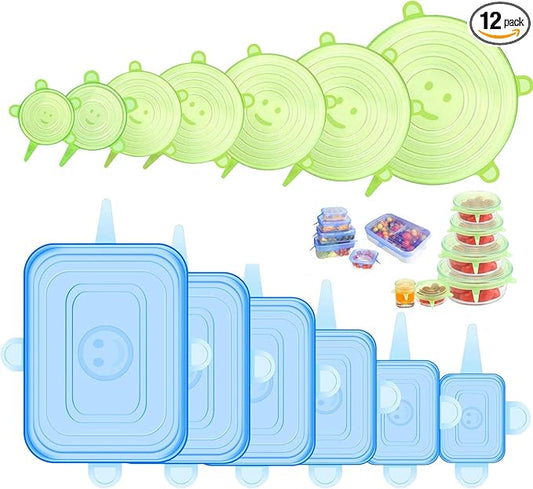 Silicone Stretch Lids for Food Storage in Fridge, 12 Pack Silicone Lids, Reusable Food Grade Silicone Bowl Covers for Cups, Bowls and Dish, 6 Sizes Round and Rectangle Shape by ONEGOL+DIRECT+