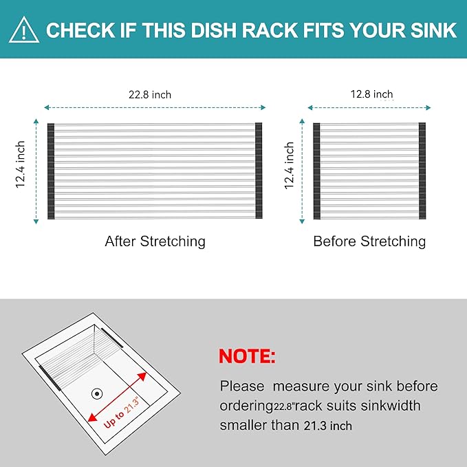 Extra Large Expandable Roll Up Dish Drying Rack,Over The Sink Drying Rack Sink Cover Kitchen Sink Accessories Kitchen Rolling up Stainless Steel Drainer, Foldable,Rollable（Black，25.1''-12.4''） - Image 2