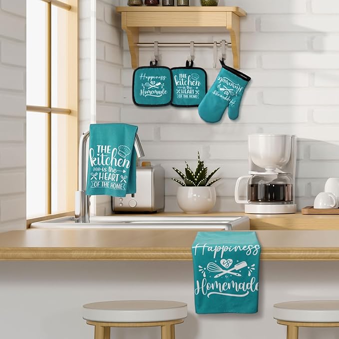 Sratte 6 Pcs Kitchen Decor Accessories Set Farmhouse Towels Pot Holders Oven Mitts Set 2 Dish Towels 2 Potholders 2 Cooking Mittens Oven Glove for Christmas Baking Cooking Supply(Teal,Kitchen) - Image 2