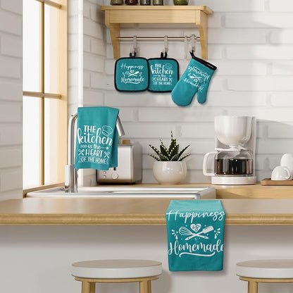 Sratte 6 Pcs Kitchen Decor Accessories Set Farmhouse Towels Pot Holders Oven Mitts Set 2 Dish Towels 2 Potholders 2 Cooking Mittens Oven Glove for Christmas Baking Cooking Supply(Teal,Kitchen) - Image 2