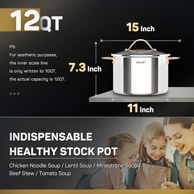 Ciwete Stock Pot 12 Quart, 18/10 Tri-Ply Stainless Steel Whole Clad Stock Pot with Lid, Seamless 12 QT Cooking Pot with Copper Handle, Healthy Stockpots, Induction, Gas, Oven and Dishwasher Safe - Image 4