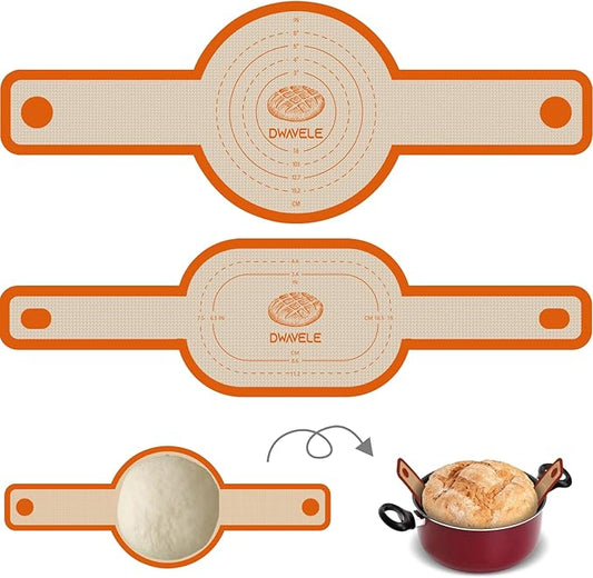 Silicone Bread Sling for Dutch Oven, Non-Stick & Easy to Clean Bread Baking Mat Set, 2 Pcs Reusable Bread Sling with Long Handle to Transfer Sourdough (Orange, Oval and Round) by Dwavele