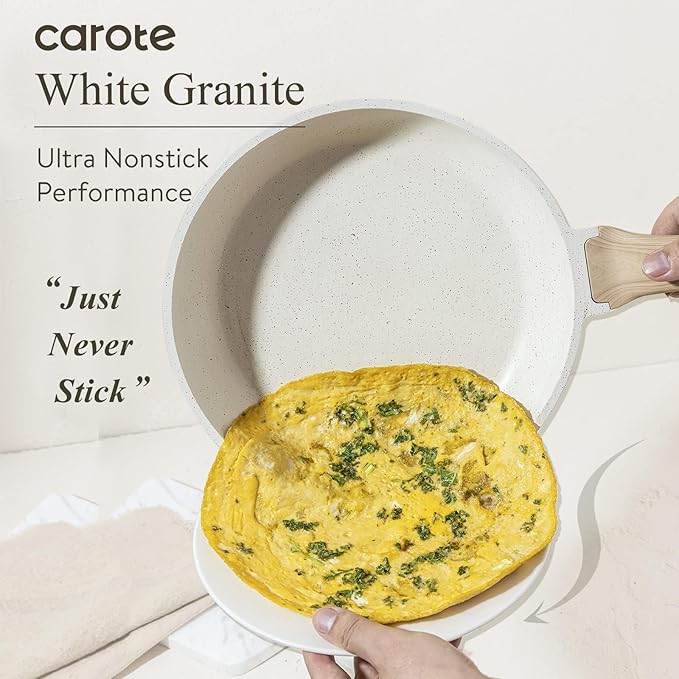 CAROTE Non Stick Frying Pan Skillet, Omelet Pan, Healthy Non Toxic Granite Chef Pan, Induction Compatible Egg Frying Pan with Heat-Resistant Handle, PFOA-Free, Cream White, 12" - Image 3