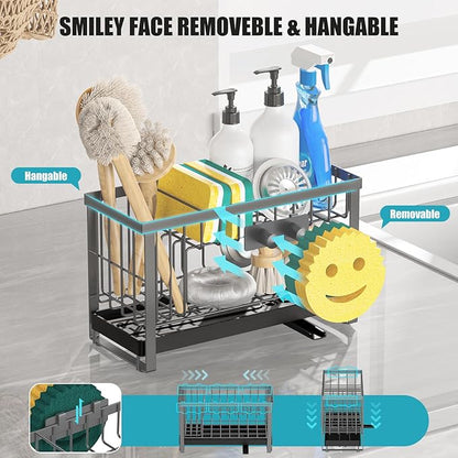 Sponge Holder for Kitchen Sink with Flexible Sink Caddy Smiley Face,2 Tier Kitchen Sink Organizer Countertop and Storage Essentials,Soap Dispenser Organize,Home Decor Accessories-Gray - Image 3