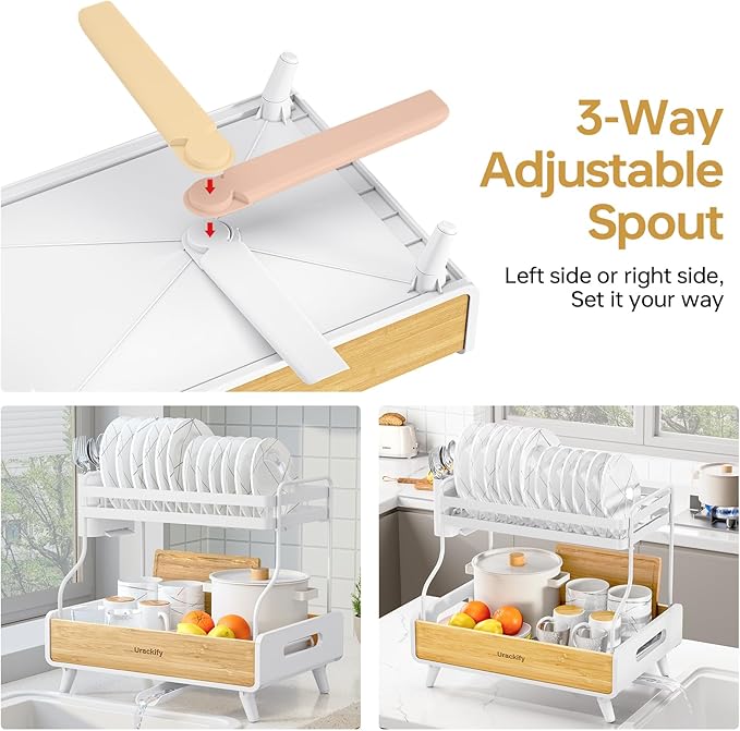 Urackify 2-Tier Dish Drying Rack, Large Stainless Steel & Bamboo Dish Rack for Kitchen Counter, Dish Drainers with Adjustable Automatic Spout, Drying Rack Kitchen with Utensil Holder, White - Image 4