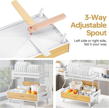 Urackify 2-Tier Dish Drying Rack, Large Stainless Steel & Bamboo Dish Rack for Kitchen Counter, Dish Drainers with Adjustable Automatic Spout, Drying Rack Kitchen with Utensil Holder, White - Image 4