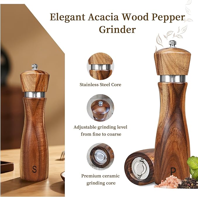 2 Pack Acacia Wood Salt and Pepper Grinder Set, Wooden Salt and Pepper Mill Set Salt and Pepper Shaker Tableware Birthday Gifts Ceramic Core-8 Inch - Image 4
