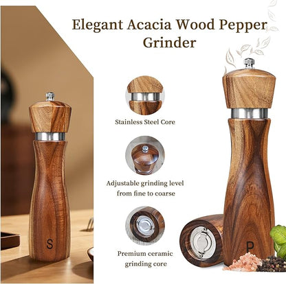 2 Pack Acacia Wood Salt and Pepper Grinder Set, Wooden Salt and Pepper Mill Set Salt and Pepper Shaker Tableware Birthday Gifts Ceramic Core-8 Inch - Image 4