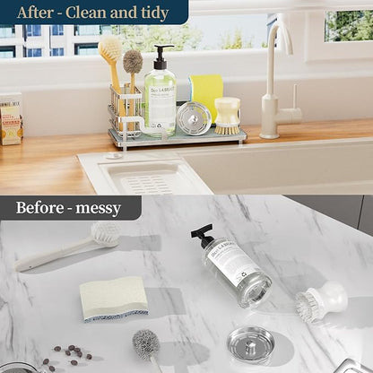 Consumest Sponge Holder for Kitchen Sink - Sink Caddy Organizer with Water Absorbing Stone Tray, Detachable Brush Holder, Stainless Steel Kitchen Counter Organizer Rack, Silver - Image 4