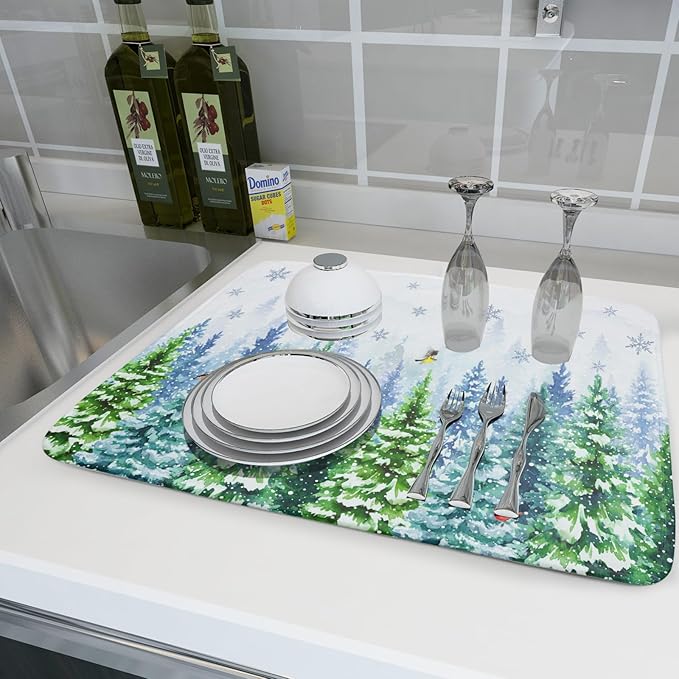 Winter Forest Dish Drying Mats - Snowflake Birds Dish Drainer Mat 18x24 Welcome Christmas Dish Draining Mat Watercolor Wildlife Tree Drying Pad for Kitchen Counter Sink - Image 6