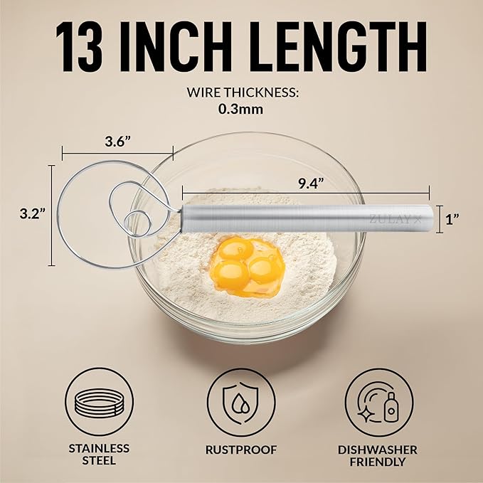 Zulay Kitchen 13-Inch Danish Dough Whisk - Stainless Steel Danish Whisk for Cooking with Single Eye Dough Hook - Traditional Dutch Whisk - Bread Whisk for Sourdough, Pizza, Pastry, Batter - 2 Pack - Image 2