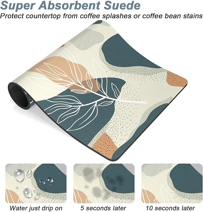 Rnivvi Coffee Mat, 12" x 19" Cute Boho Theme Coffee Bar Mats for Espresso Machine Station Accessories and Organizer, Hide Stain Rubber Backed Absorbent Dish Drying Pad for Kitchen Counter, Leaves - Image 3