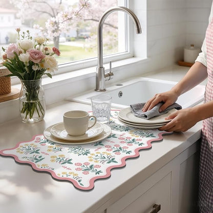 LOKHOM Scalloped Floral Dish Drying Mat, 12"x20" Super Absorbent Coffee Mat with Unique Pink Pastoral Floral, Cuttable Hide Stain Non-slip Drying Mat for Kitchen Counter Coffee Maker Espresso Machine - Image 8