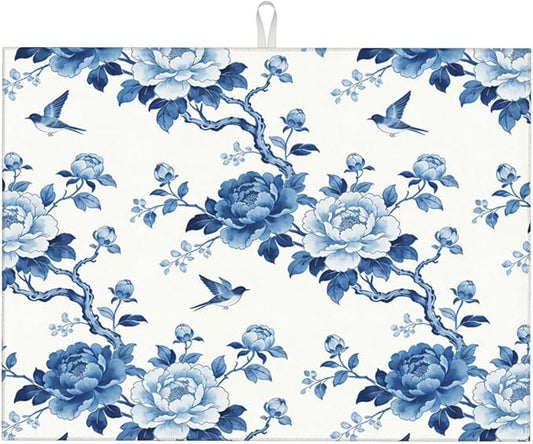 Chinoiserie Dish Drying Mat, for Kitchen Counter Microfiber Absorbent, Blue and White Dish Draining Mat Extra Large 18"x24" by Vodbne