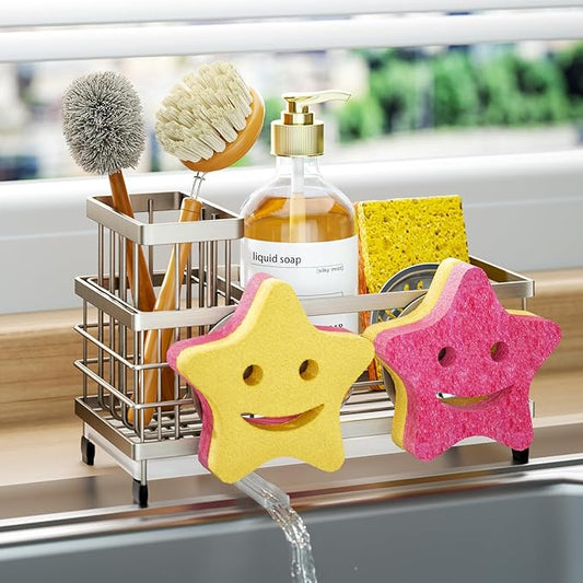 HapiRm Sink Caddy Sponge Holder - Self-draining Kitchen Sink Organizer with Smiley Face and Brush Holder, Stainless Steel Kitchen Sponge Caddy for Countertop - Brushed Nickel by HapiRm