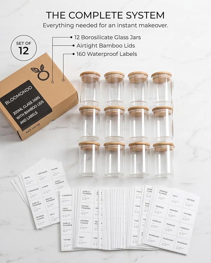 Bloomondo Empty Spice Jars with Label Pack (12x Bamboo Lid Glass Jar). Small 6oz Spice Storage Bottles with 112 Printed Stickers and 48 Writable Pantry Labels for Seasoning Containers - Image 6