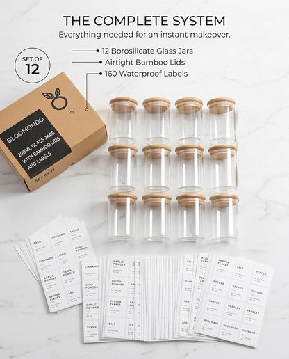 Bloomondo Empty Spice Jars with Label Pack (12x Bamboo Lid Glass Jar). Small 6oz Spice Storage Bottles with 112 Printed Stickers and 48 Writable Pantry Labels for Seasoning Containers - Image 6