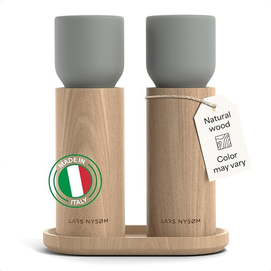 LARS NYSØM Wooden Salt and Pepper Grinder Set Manual with Tray - Salt and Pepper Mills with Adjustable Ceramic Grinder - Elegant Beechwood Pepper and Salt Mill Set for Dining Table (Ash Gray)