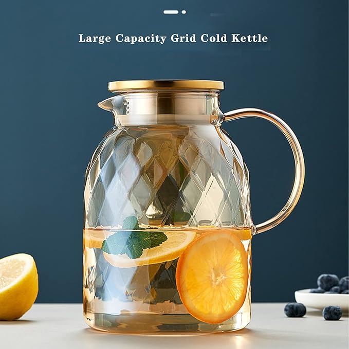 AEFPOYMXU 62oz Glass Pitcher with Lid - Amber Borosilicate Water Carafe, Heat Resistant Vintage Jug for Iced Tea, Juice, Lemonade (1.8L) - Image 2