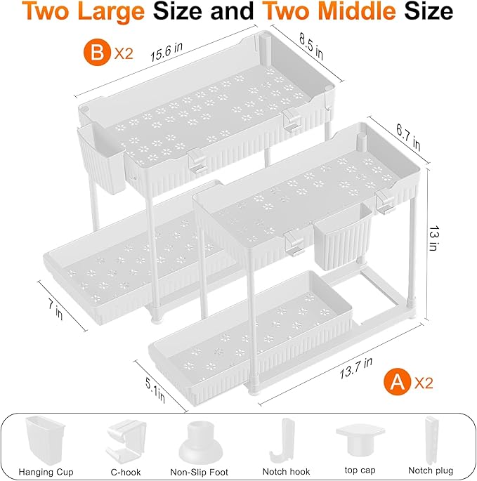 Sevenblue Under Sink Organizer, Bathroom Organizers and Storage, 2 Tier Multi-Use Pull Out Cabinet Organizer with Hang Hooks and Cups (White, 4 Pack) - Image 6