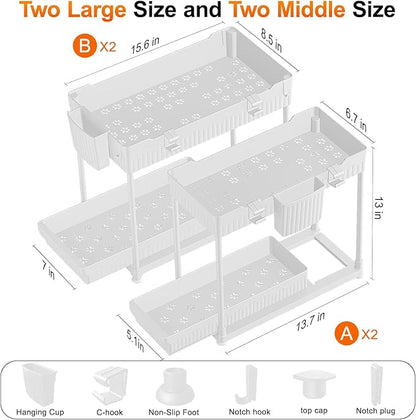 Sevenblue Under Sink Organizer, Bathroom Organizers and Storage, 2 Tier Multi-Use Pull Out Cabinet Organizer with Hang Hooks and Cups (White, 4 Pack) - Image 6