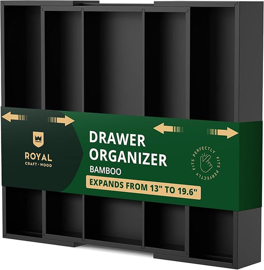 ROYAL CRAFT WOOD Luxury Bamboo Kitchen Drawer Organizer - Silverware Organizer - Utensil Holder and Cutlery Tray with Grooved Drawer Dividers for Flatware and Kitchen Utensils (5 Slot, Black) by RoyalCraftWood