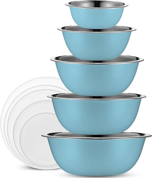 WHYSKO Stainless Steel Mixing Bowl Set, 10 Piece Stainless Steel Mixing Bowls with Lids Set for Food Prep Storage and Serving, Dishwasher Safe for Kitchen Baking Cooking, Light Blue by WHYSKO