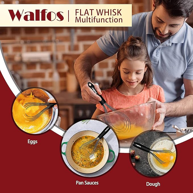 Walfos Silicone Flat Whisk,11inch Flat Whisk Non Scratch Coated Flat Whisks for Cooking.Great for Ceramic Coated pans and Wider shallower pots.Black - Image 7