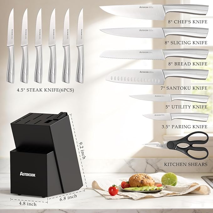 Astercook Knife Set, Kitchen Knives Set with Block and Sharpener Full Tang 15 Pcs Premium Stainless Steel Knives, Dishwasher Safe Knife Set with Anti-slip Ergonomic Handle, Black, Mothers Day Gifts - Image 2