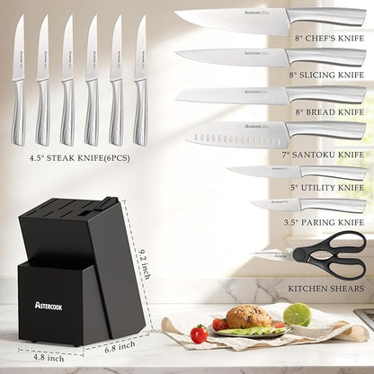 Astercook Knife Set, Kitchen Knives Set with Block and Sharpener Full Tang 15 Pcs Premium Stainless Steel Knives, Dishwasher Safe Knife Set with Anti-slip Ergonomic Handle, Black, Mothers Day Gifts - Image 2
