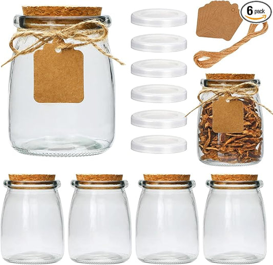 Brajttt Mini Yogurt Jars 6 Pack, 7 oz Glass Favor Jars with Cork Lids, Pudding Containers with Lids, Mason Jar Wedding Favors Honey Pot with Label Tags and String by Brajttt