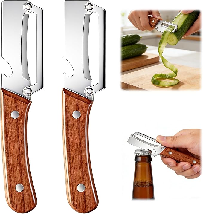 2 Pcs Multi-Functional Vegetable Peeler for Kitchen, Premium Vegetable Peeler with Wooden Handle and Bottle Opener, Stainless Steel Blade Kitchen Tool for Fruit Apple Potato Pumpkin Papaya Carrot by Unknown