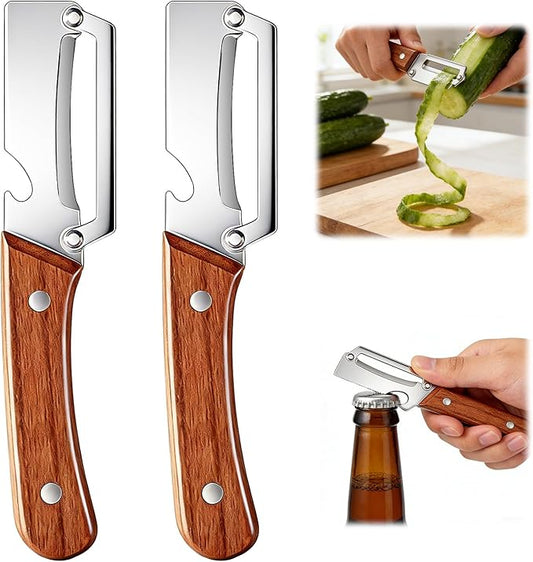 2 Pcs Multi-Functional Vegetable Peeler for Kitchen, Premium Vegetable Peeler with Wooden Handle and Bottle Opener, Stainless Steel Blade Kitchen Tool for Fruit Apple Potato Pumpkin Papaya Carrot by Unknown