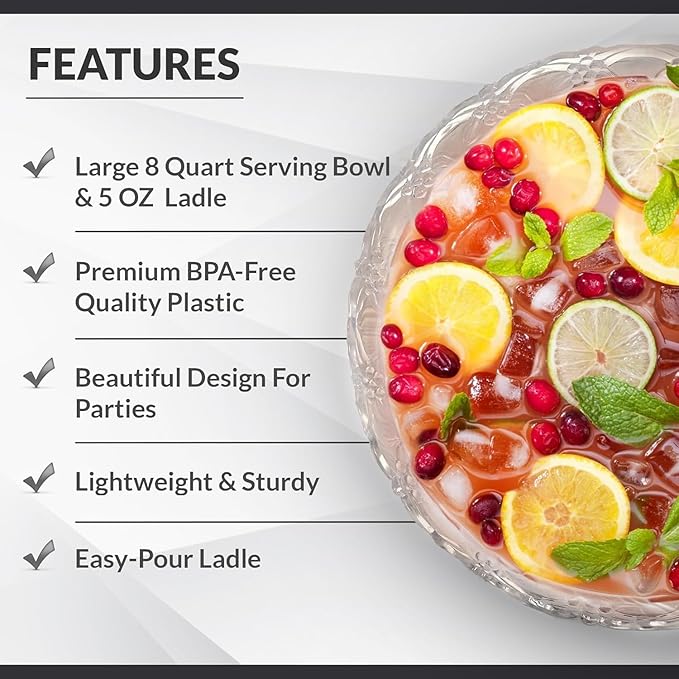 S.G Premium Quality Plastic Punch Bowl with Ladle - 2 Gallon Punch Bowl with Ladle - Embroidered Design 8 Quart large Serving Bowl with 5 oz Plastic Serving Ladle/Spoon for Parties, Holidays, and more