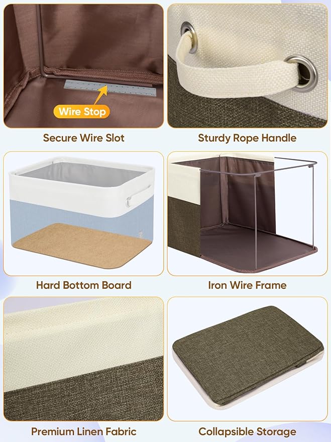 BALEINE 3 Pack Fabric Closet Storage Bins for Shelves, Linen Closet Organizers and Storage, Decorative Baskets for Organizing, Shelf, Clothes, Home, Office (Brown, 14''x10''x8.5'')