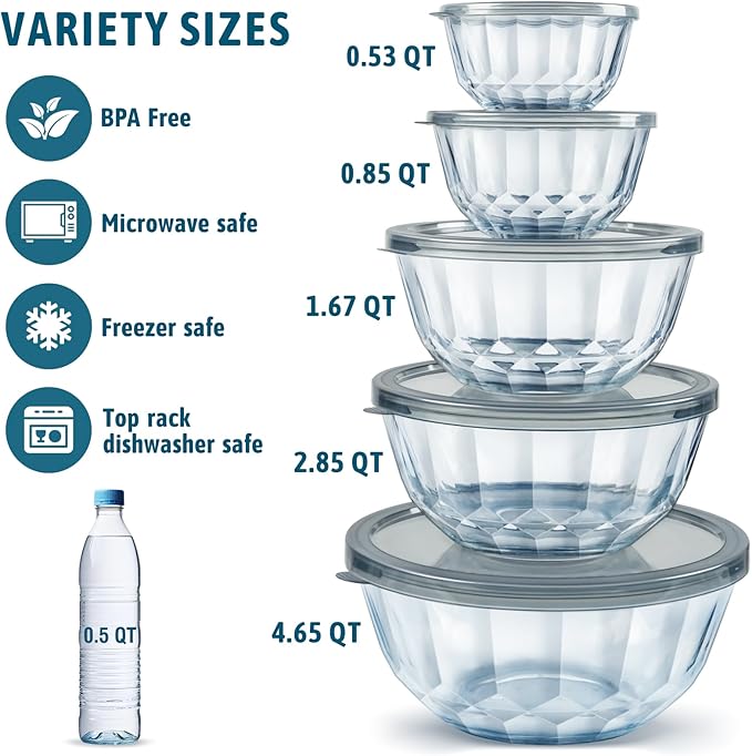 Freshmage Mixing Bowls with Airtight Lids Sets, 5 Packs Thick Glass Nesting Bowls for Kitchen Baking, Meal Prepping, Bpa Free, Dishwasher Safe, 0.5/0.8/1.6/2.7/4.4 Qt - Image 3