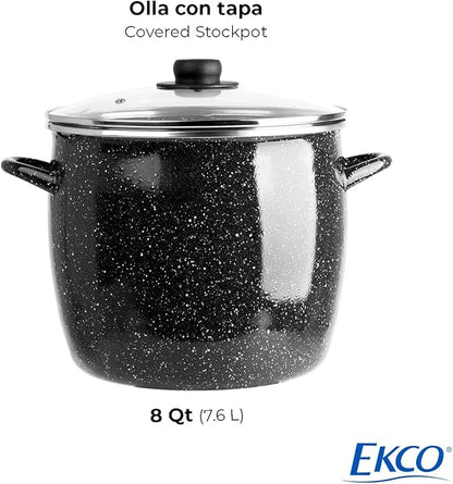 EKCO EOS 8-Quart Speckled Stockpot with Glass Lid (Black) Soup Pot for All Ranges, Dishwasher & Oven Safe up to 350°F - Non-Reactive Enameled Interior Pot for Gumbo, Stew, Boil, Pasta, Chili - Image 5