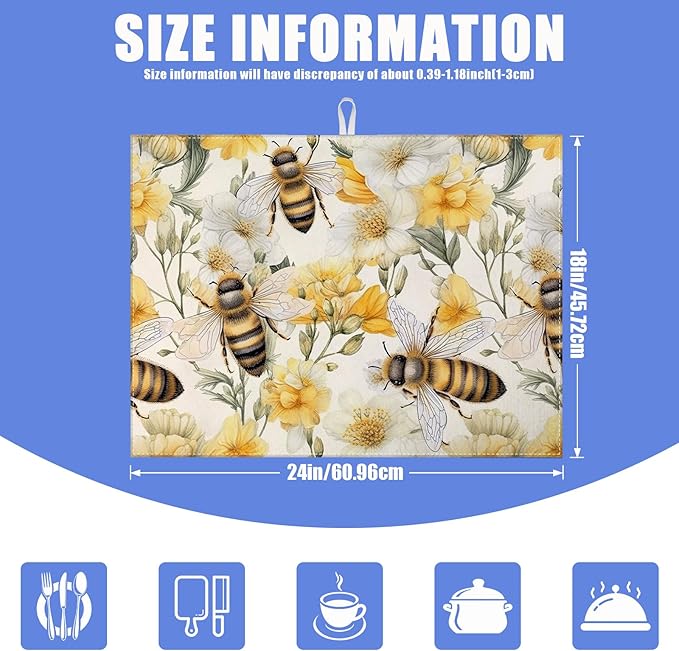 Watercolor Bee Floral Dish Drying Mat for Kitchen Counter Drying Pad Absorbent Reversible Dish Drainer Rack Mats Draining Pad 18"x24"Inch - Image 2